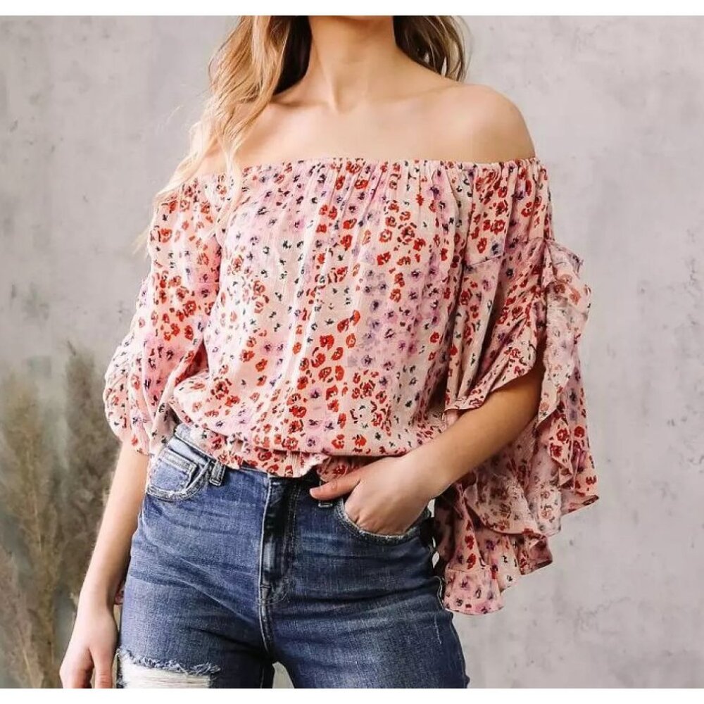Willow & Root Floral On Off Shoulder Ruffle Blouse Womens Small Pink Boho